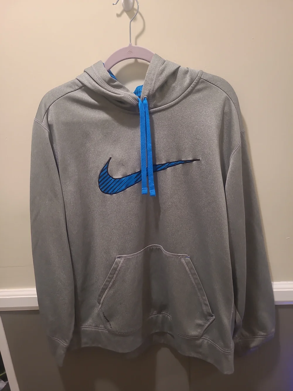 Nike Mens Hoodie Therma-FIT Pullover Gray Blue XL Swoosh Graphic Sweatshirt